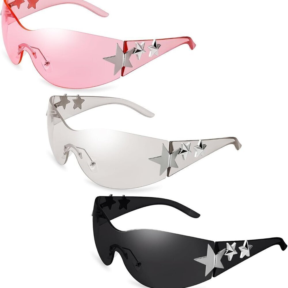 3 Pairs Y2K Sunglasses Women Men Trendy Oversized Wrap Around Rimless Shades